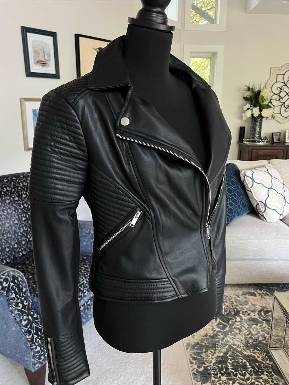 Bar III Black Faux Leather Moto Jacket with Silver Zippers - Picture 7 of 13